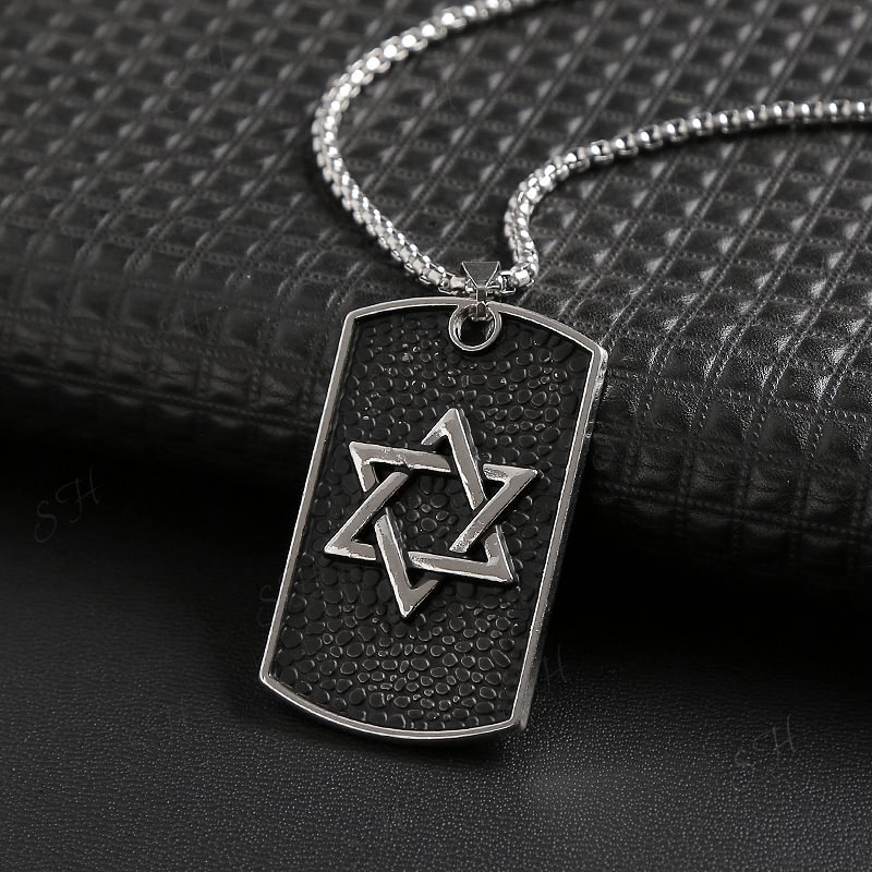 Six Pointed Star Shield Necklace Titanium Steel Casting Army Necklace Men's and Women's Sweater Pendant Accessories
