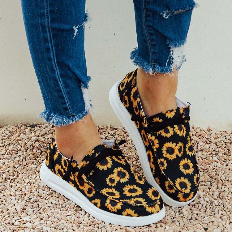 Women‘s Fashion Sunflower Print Comfortable Canvas Casual Shoes