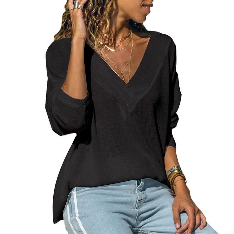 Women Long Sleeves V-Neck Solid Casual Fall Tops