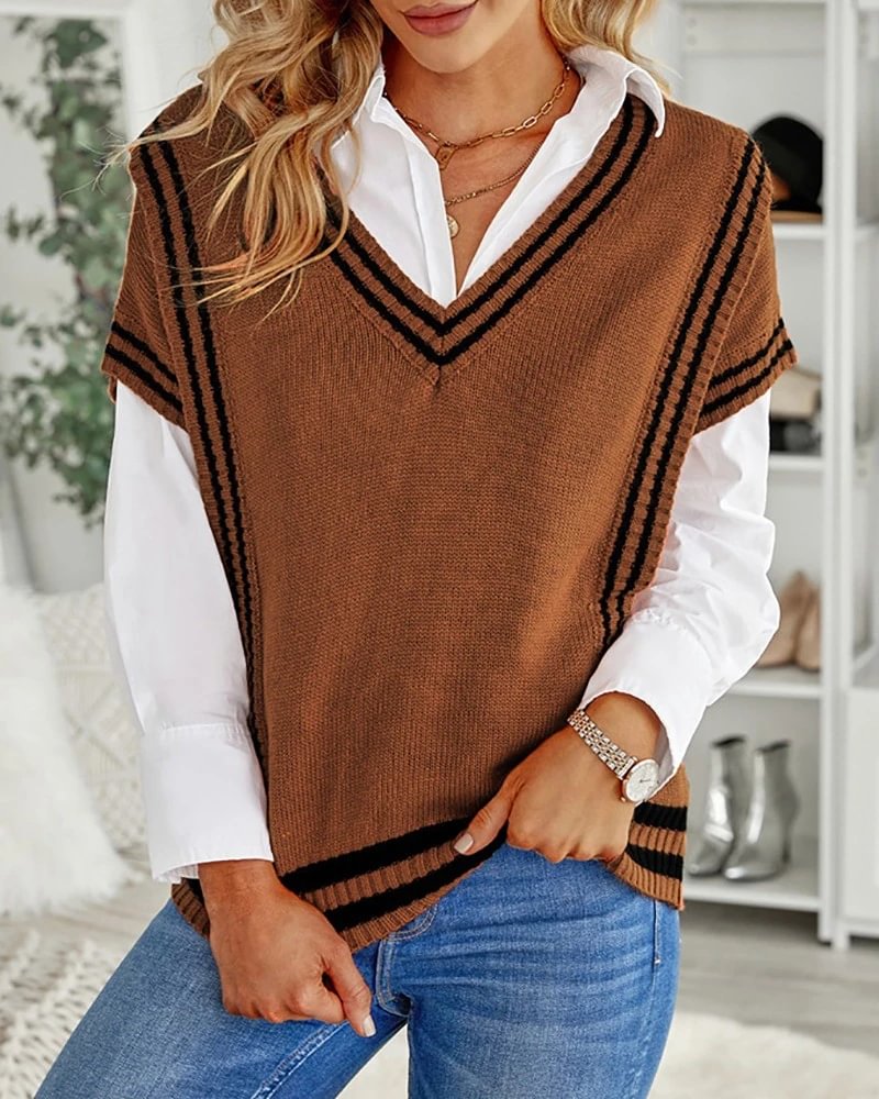 Striped Pattern V-Neck Short Sleeve Sweater-Corachic