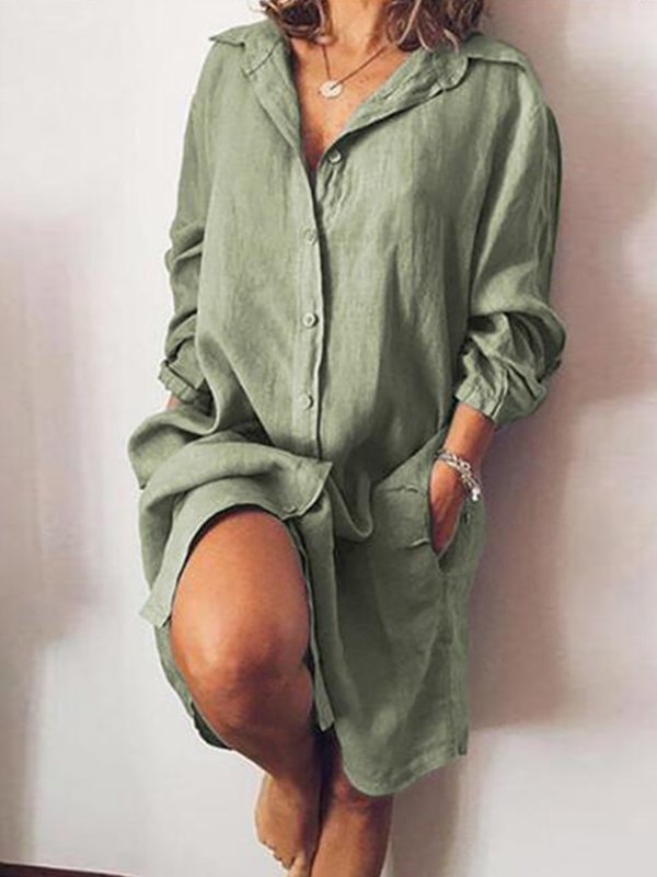 Buttoned Casual Linen Shirt Dress With Pockets