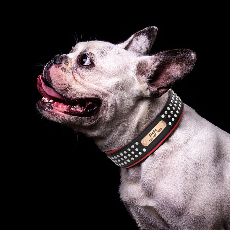 Personalized Engraved Leather Rhinestone Custom ID Dog Pet Collar-VESSFUL