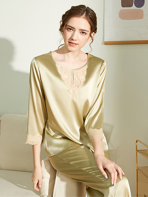 Round Neck Lacey Embroidered Silk Pajamas