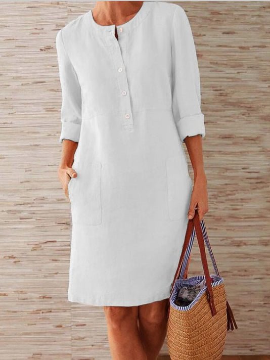 Solid Color Buttons Mid-length Sleeve Round Neck Dress