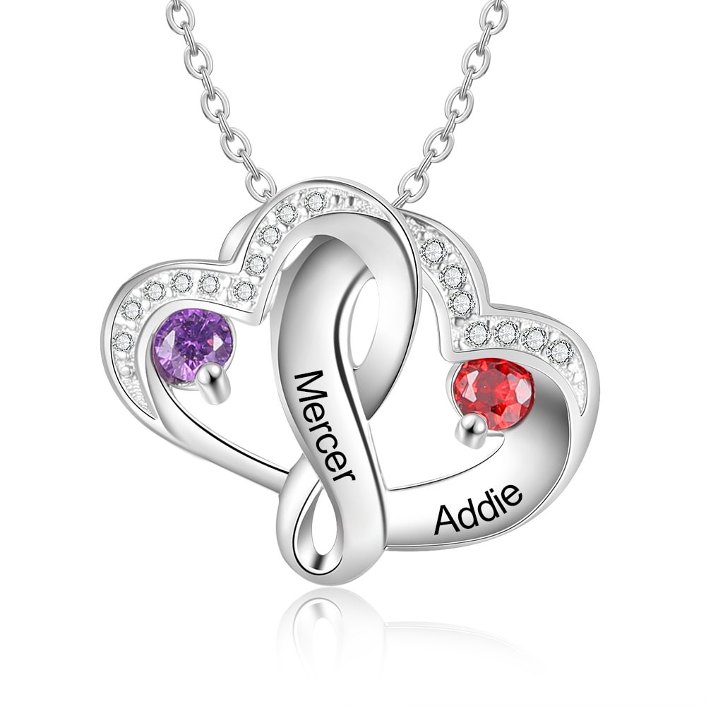 925 Sterling Silver Personalized Heart Shaped Necklace，Engraved with 2 Birthstones and 2 Name