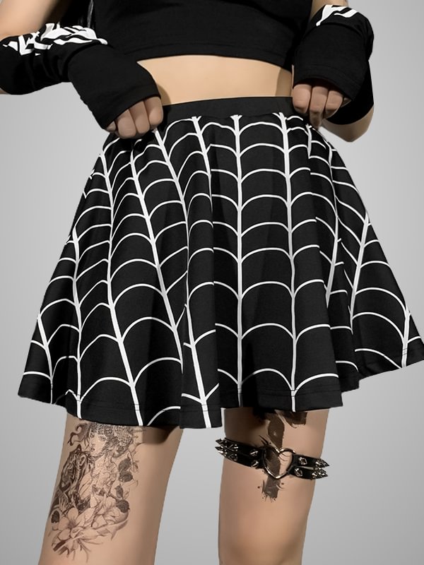 Gothic Dark Spider Net Printed Paneled Low Rise Elastic Waist Skater Skirt