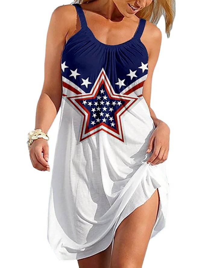 Women's Loose Short Skirt Independence Day Star Print Sleeveless Suspender Dress