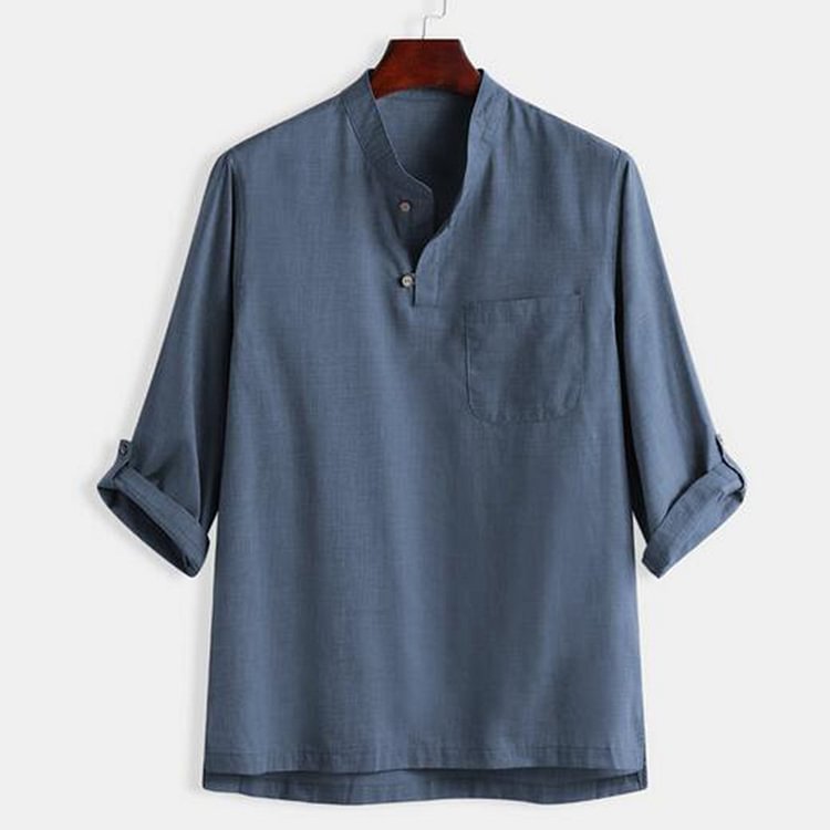BrosWear Solid Color Henry Short Sleeve Shirt