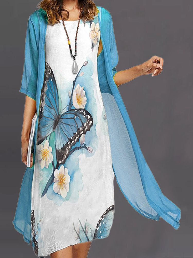 Butterfly Dragonfly Print Dress Two Piece Set