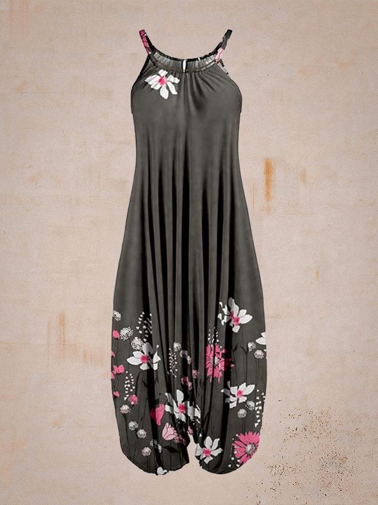 Casual Black Floral Print Jumpsuit-Mayoulove