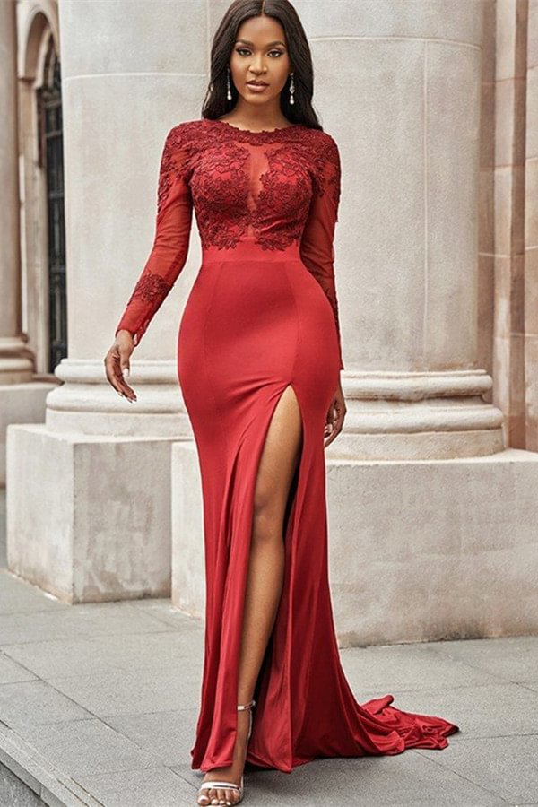 Luluslly Red Long Sleeves Appliques Mermaid Prom Dress With Slit