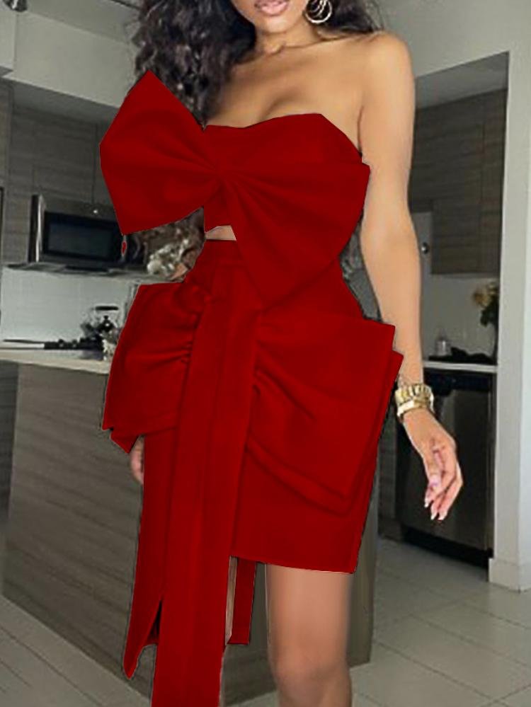 Chic tube top bow knot asymmetric skirt two-piece set