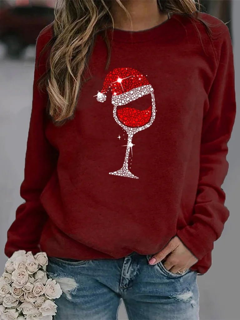 Shiny Christmas Hat Glass Print All-match Red Sweatshirt