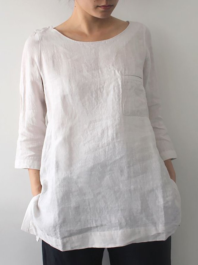 Women's Solid Color 3/4 Sleeve Linen Casual Shirt