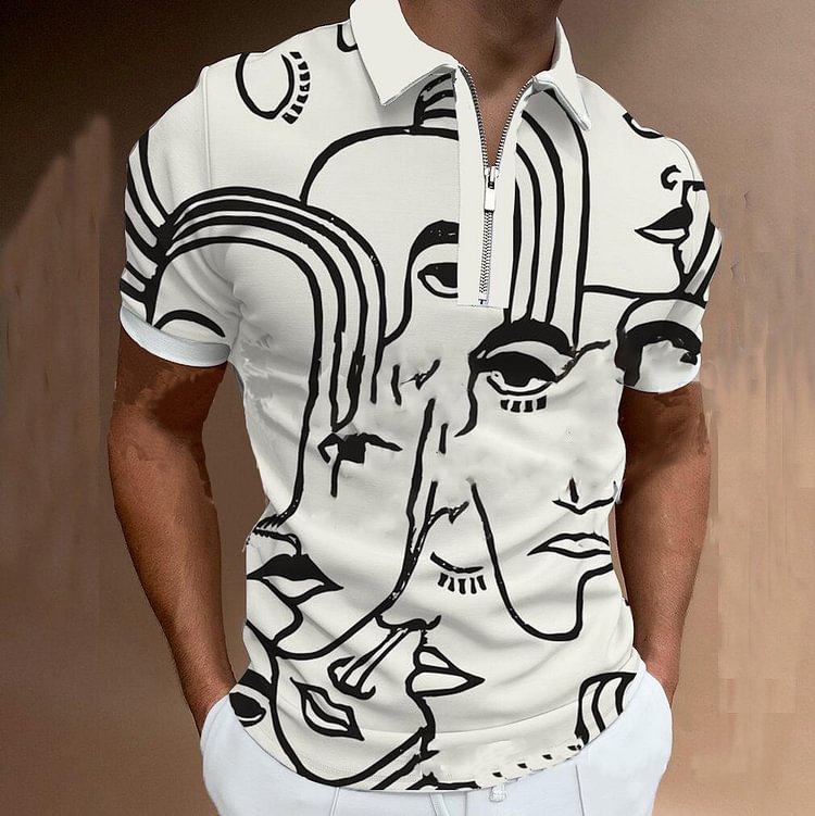BrosWear Men's Abstract Portrait Print Zipper Collar POLO Shirt white