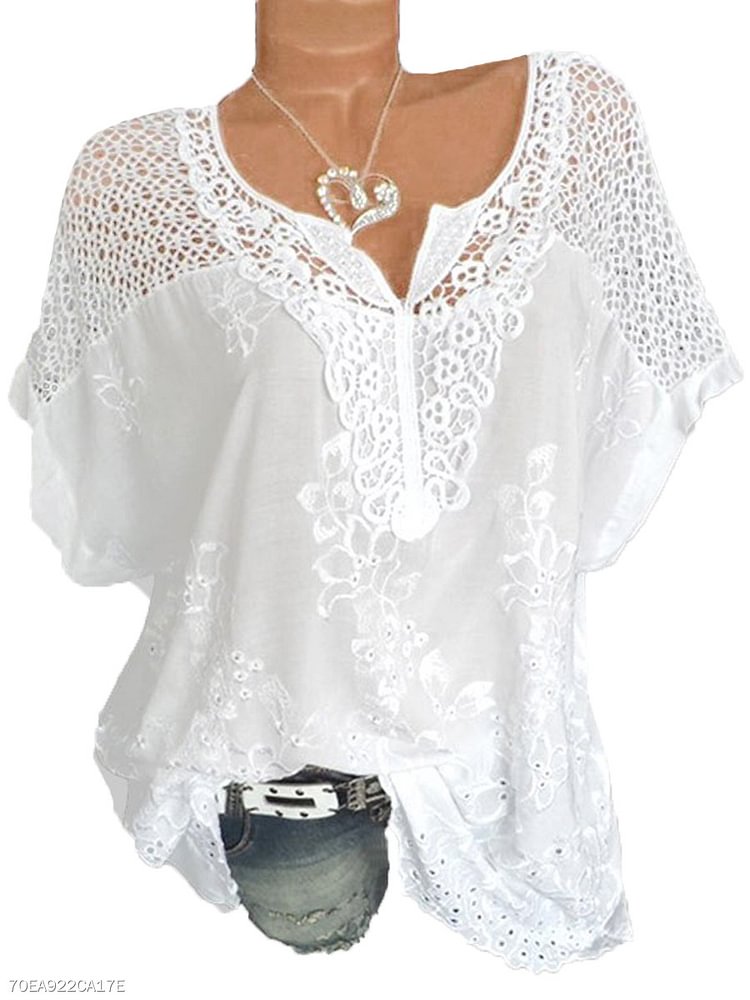 V Neck Patchwork Embroidery Blouses