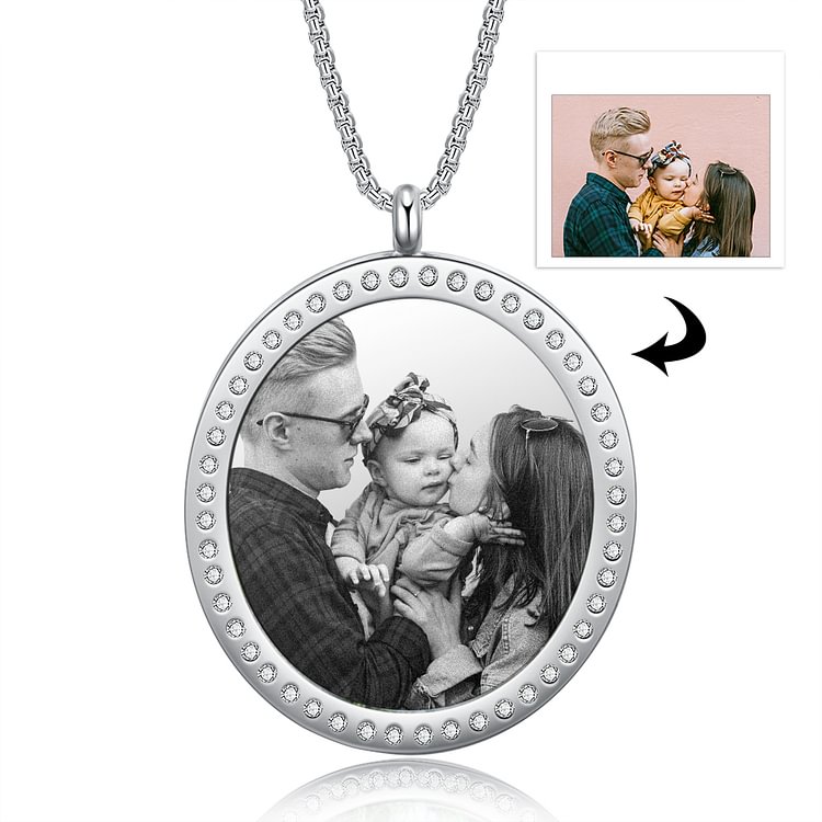 Personalized Picture Engraved Necklace, Rhinestone Crystal Round Shape Picture Necklace, Custom Necklace with Picture and Text
