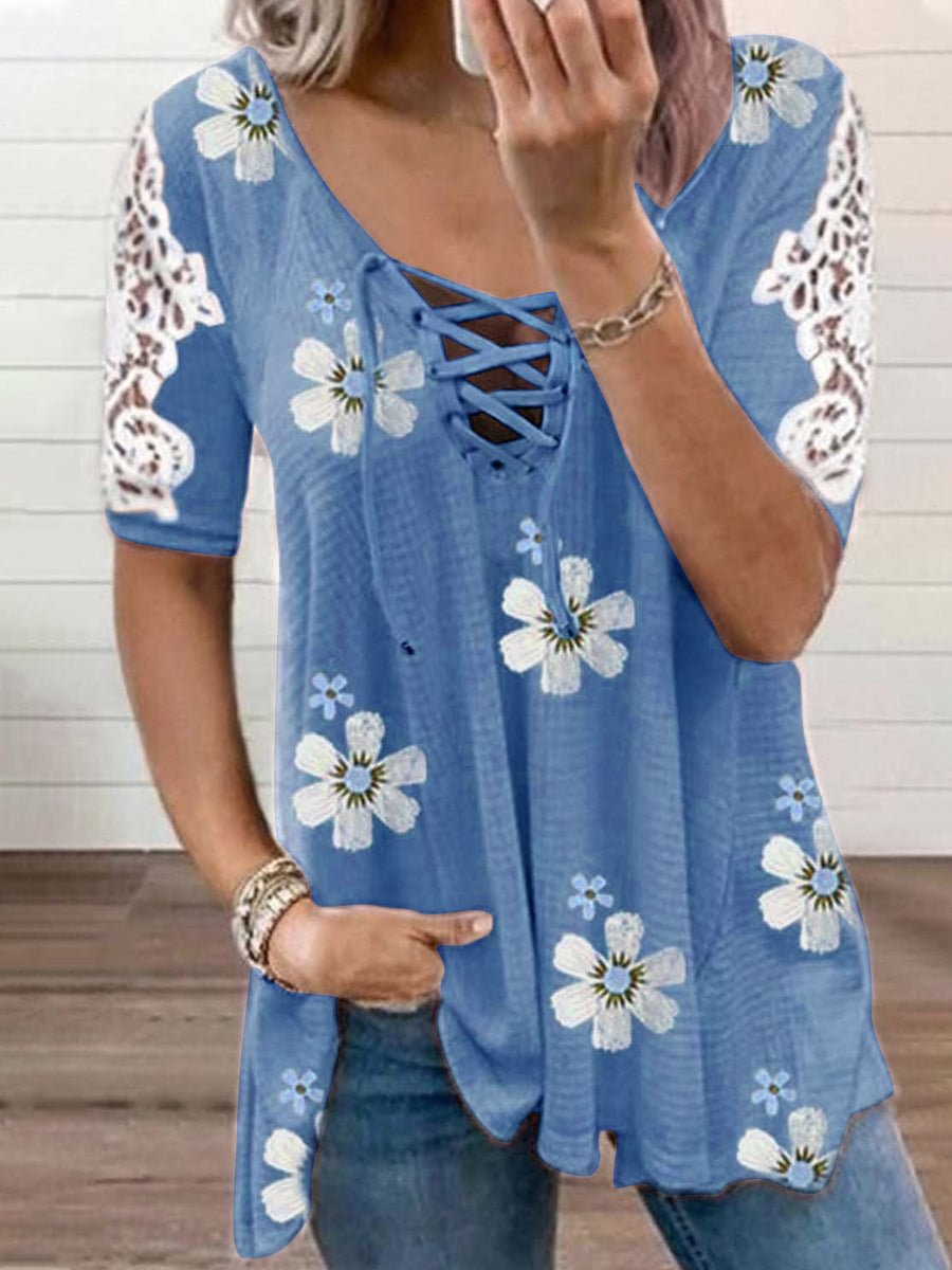 Womens Floral Printing Lace-up Casual Tee