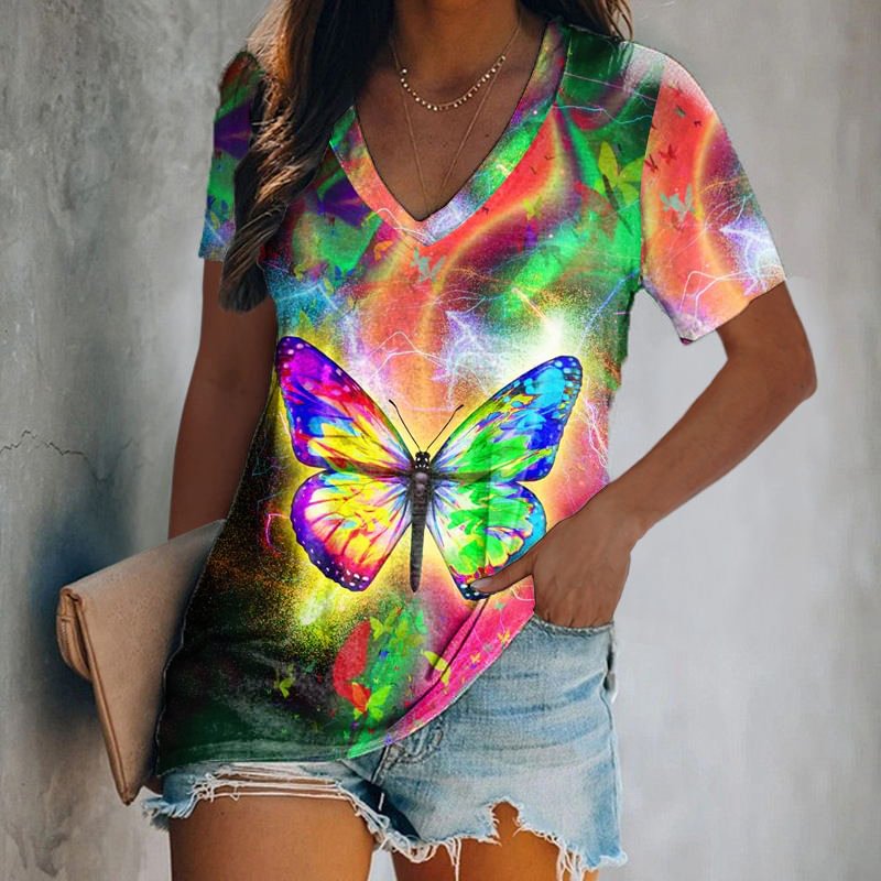 Beautiful Butterfly Printed Tie-dye Multi-colored Women's T-shirt