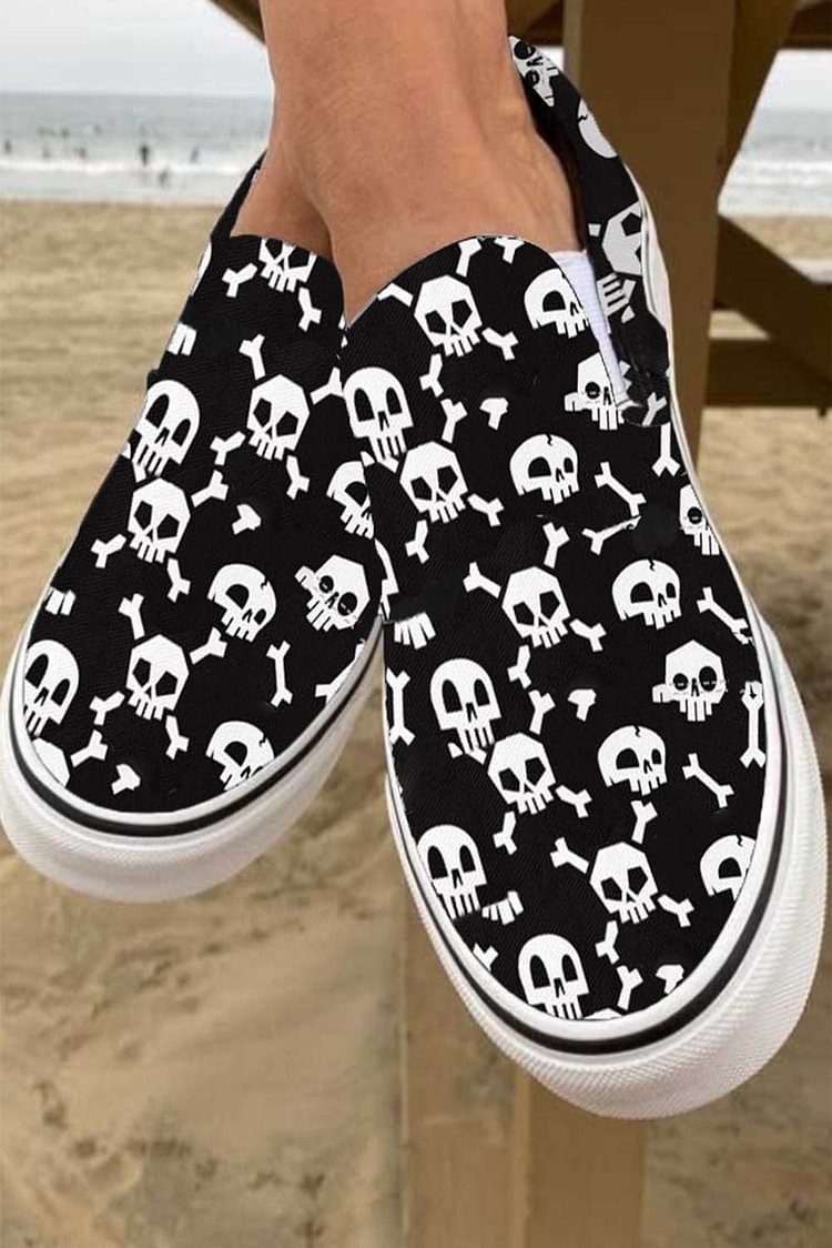 Women's Sneakers Skull Print Slip On Canvas Sneakers-Mayoulove