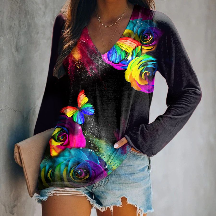 Black V-neck Rainbow Butterfly Printing Long Sleeve Women's T-shirt