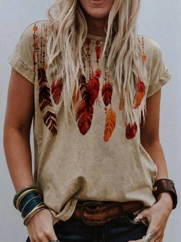 Women's Ethnic Lndian Style Feather Print V-neck T-shirt Top