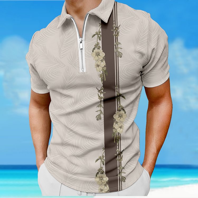 BrosWear Sleek Casual Khaki Floral Printing Polo Shirt