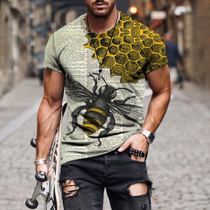 Funny Bee Printed Summer Short Sleeve Men's T-Shirts-VESSFUL