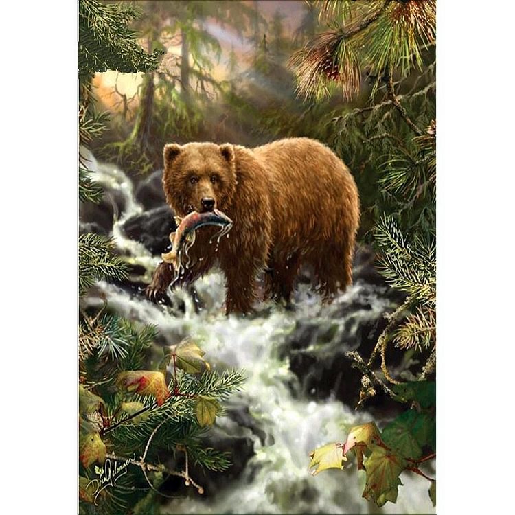 Bears Eat Fish - Round Drill Diamond Painting - 40x30cm(Canvas)