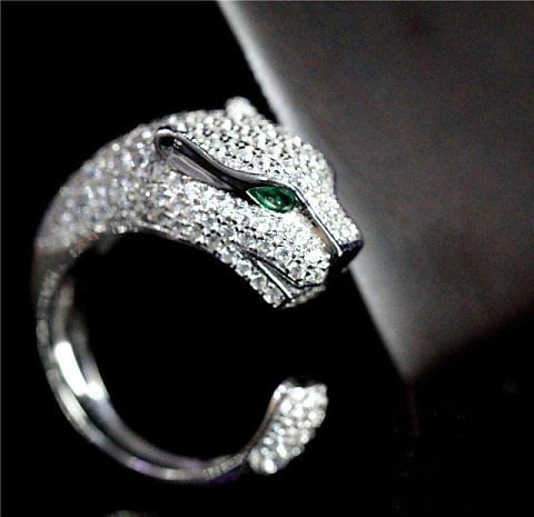 925 Sterling Silver Panther Green Eyes Leopard Finger Open Ring-VESSFUL