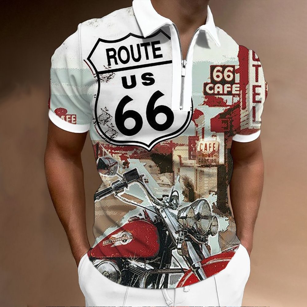 Route 66 Vintage Short Sleeve Zipper Men's Polo Shirts-VESSFUL