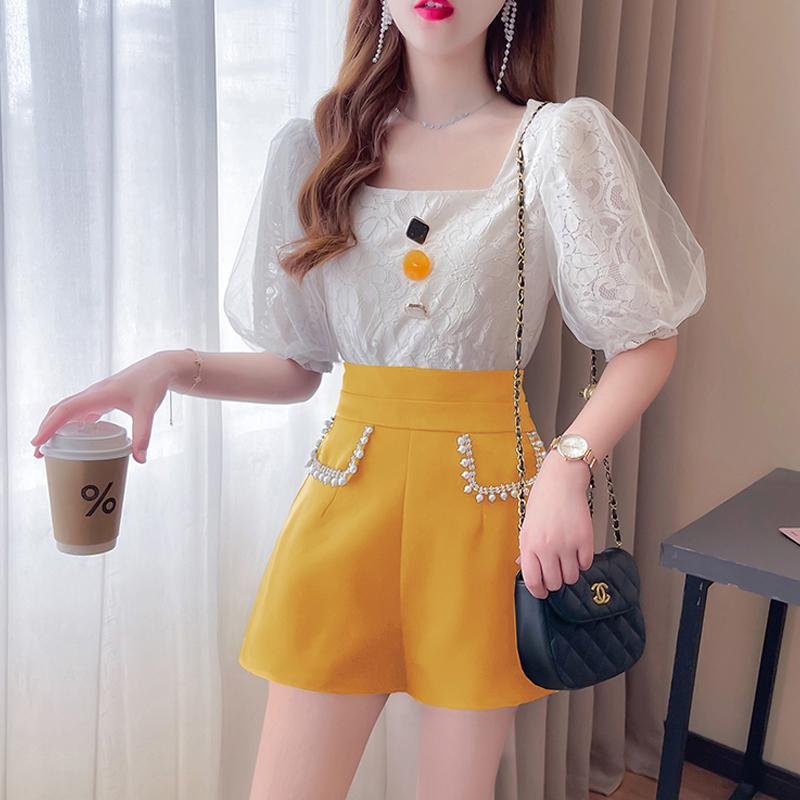 Puff Sleeve Lace Tee+Shorts P14297
