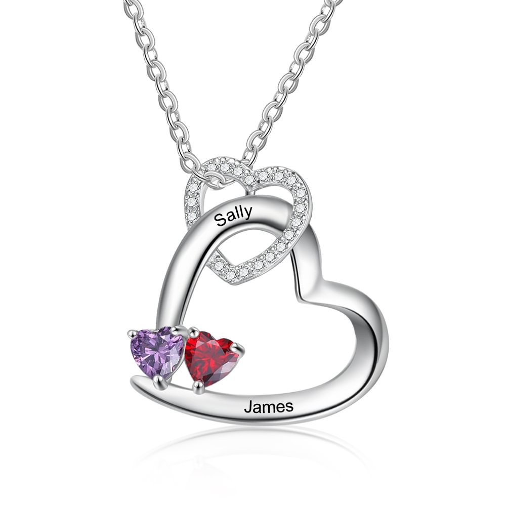 Heart Necklace with 2 Name And 2 Birthstone