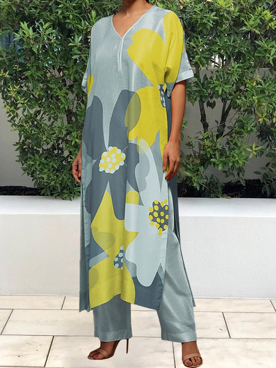 Printed V-neck Slit Side Long Tee Casual Two-piece Suits