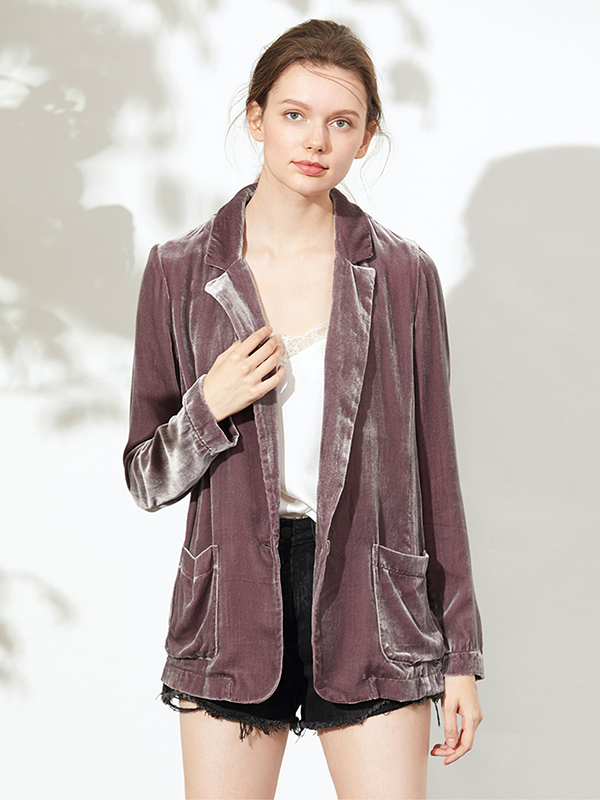 Casual V Neck Silk Velvet Blazer With Pockets For Women-Real Silk Life