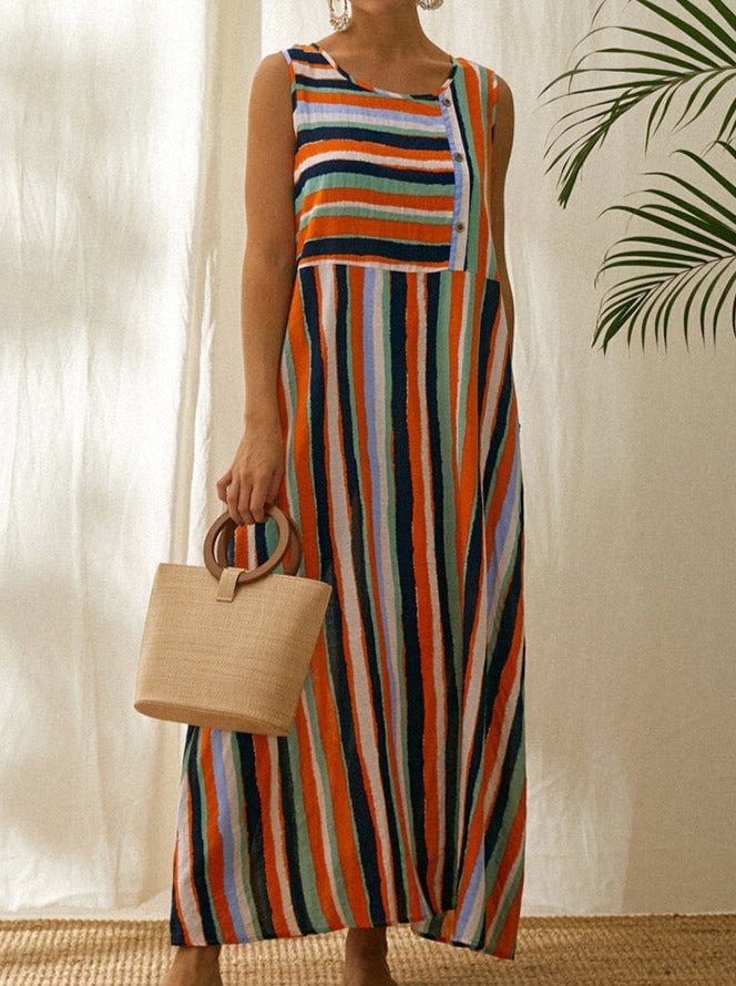 Casual Striped Print O-neck Sleeveless Maxi Dress With Pockets