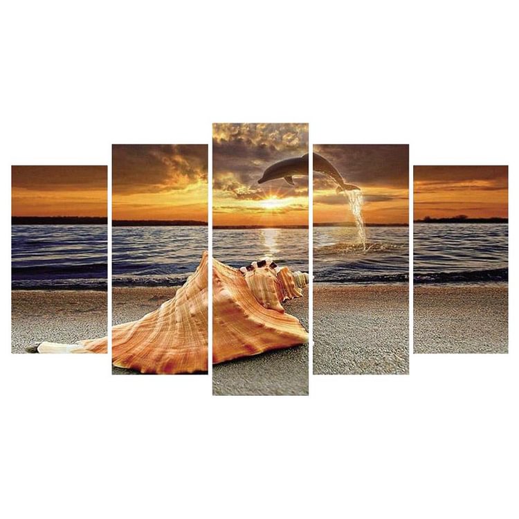 5pcs Seaside Sunset Round Full Drill Diamond Painting 95X45CM(Canvas)-gbfke