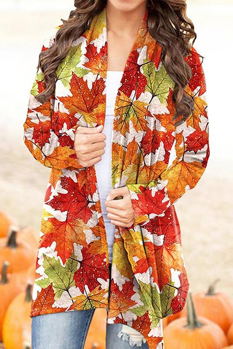 Women's Cardigans Leaf Print Open Front Cardigan-Mayoulove