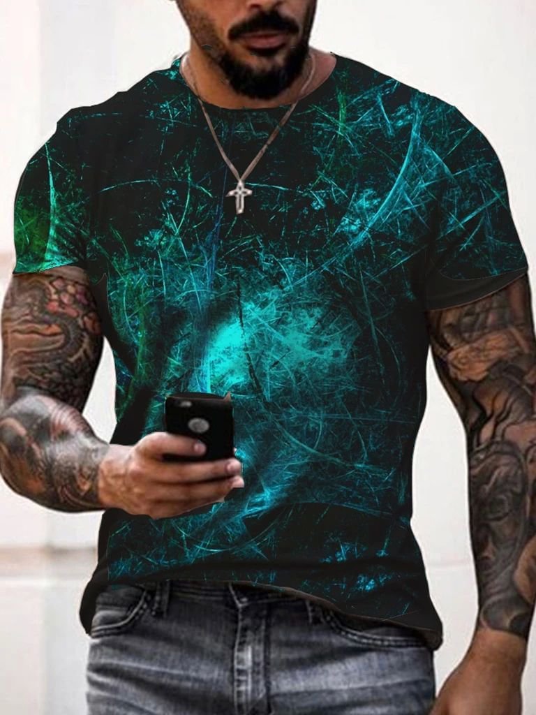 Blue 3D Art Casual Printed Short Sleeve Tops Summer Mens T-shirts-VESSFUL