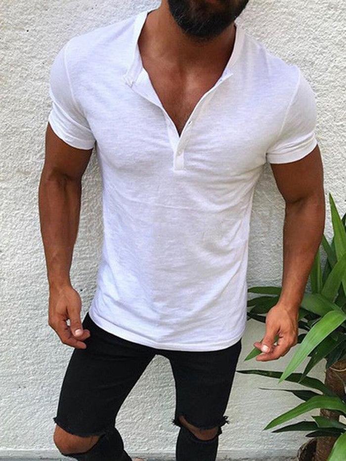 BrosWear Men Buttoned Henley Collar Solid Casual T-Shirt