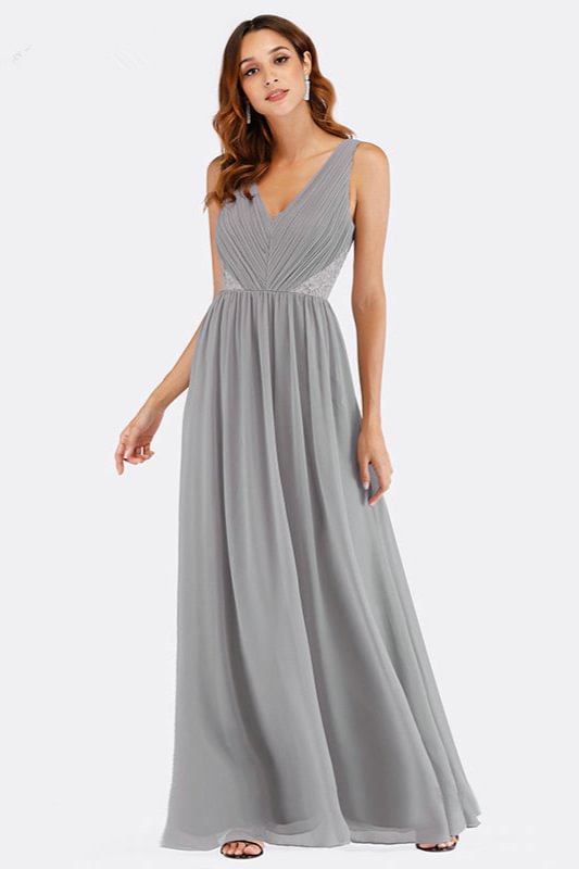 grey v-neck sleeveless long chiffon prom dress with lace