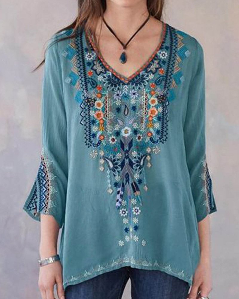 New ethnic style long sleeve pullover women's top