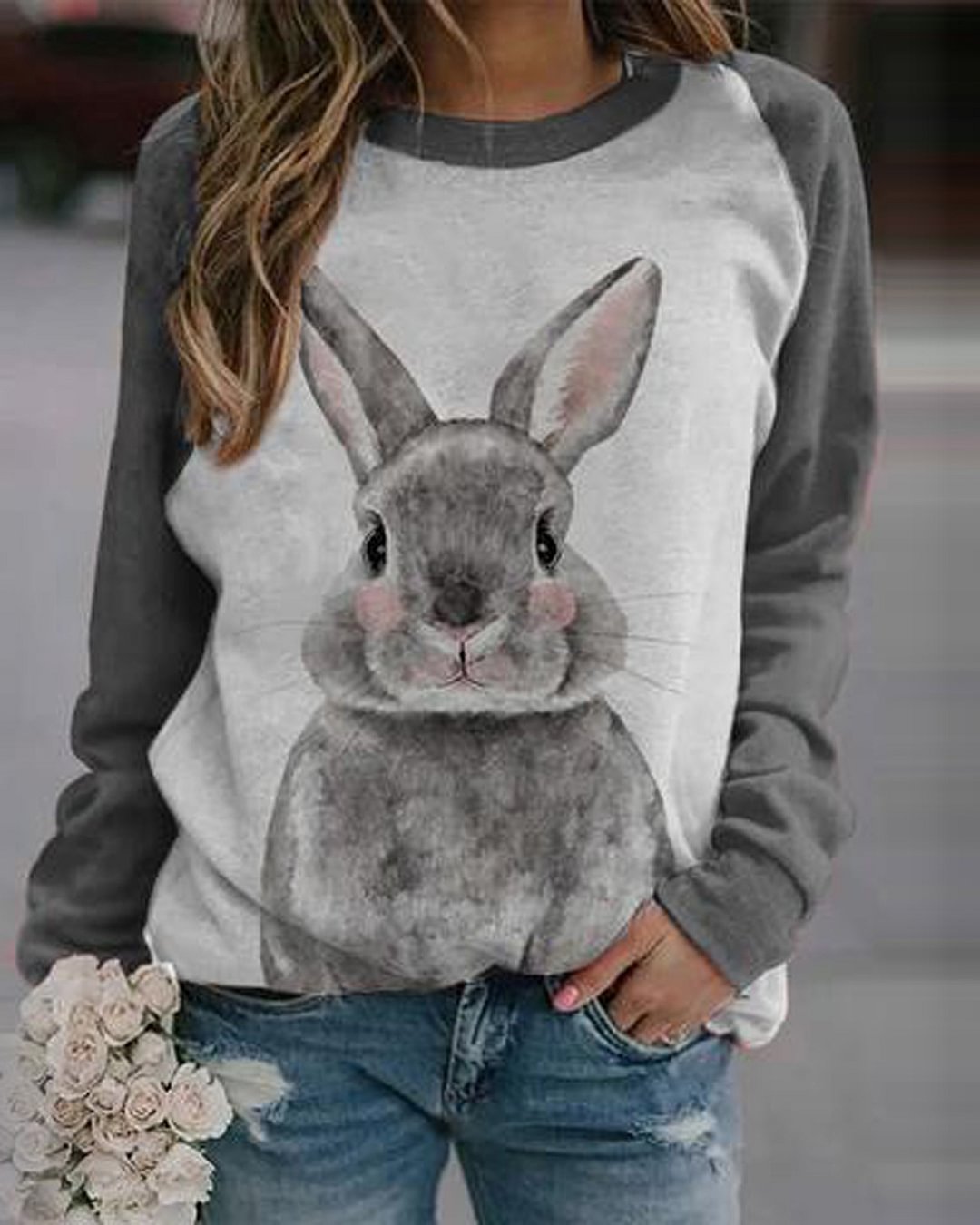 New Crew Neck Long Sleeve Easter Bunny Print Casual Top