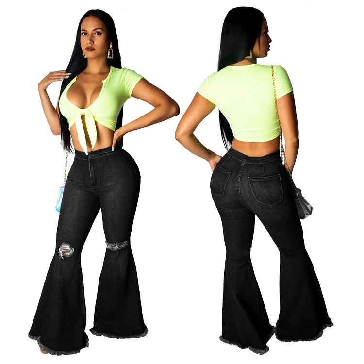 Women's Bell Bottom Flare Palazzo Jeans Flared Jeans Fashion Stitching Hole Washed Denim Elastic Slim Fit Fashion Versatile Wide Leg Knee Hole Cowboy Micro Horn Strap Pants Fashion And Versatile Wide Leg Knee Perforated Denim Flared Pants