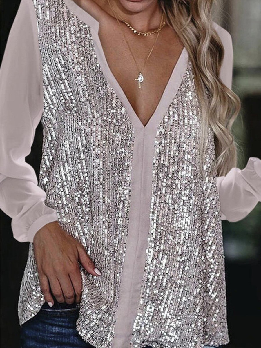 V Neck Sequined Tailored Blouse P16137