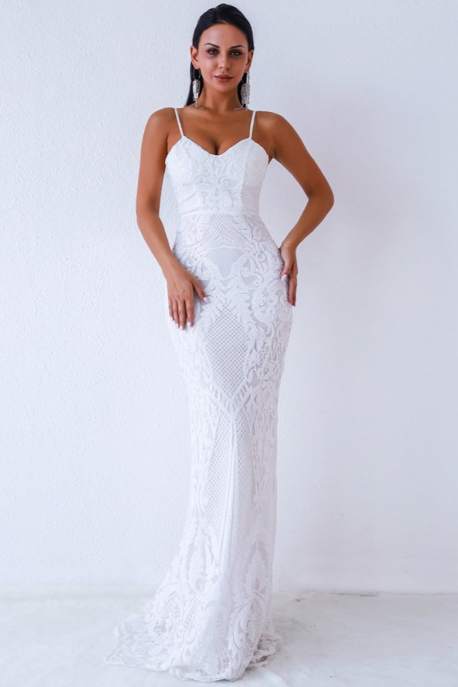 spaghetti-straps lace mermaid long prom dress