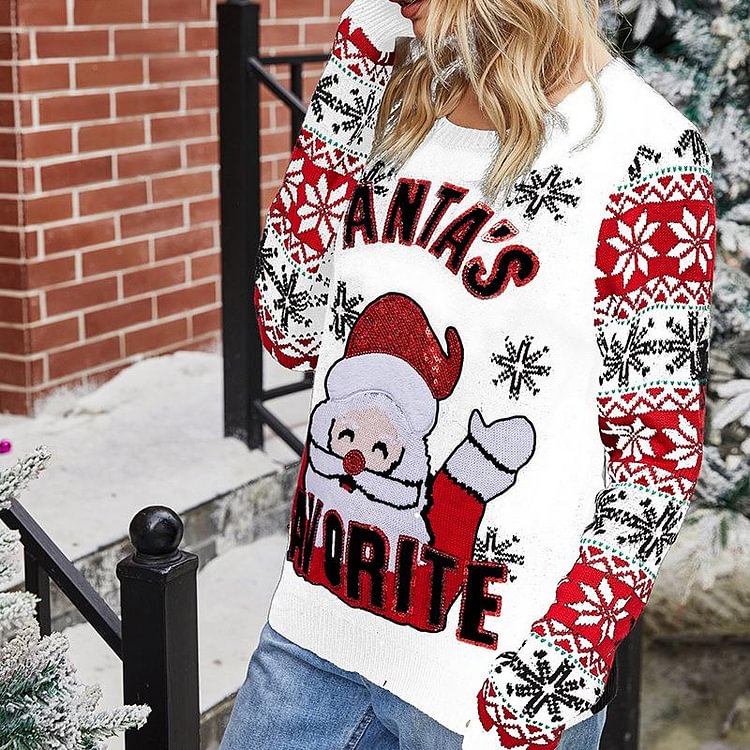 Mayoulove Christmas Sweaters For Women Santa Embroidered Crew Neck Knitted Pullover Sweater-Mayoulove