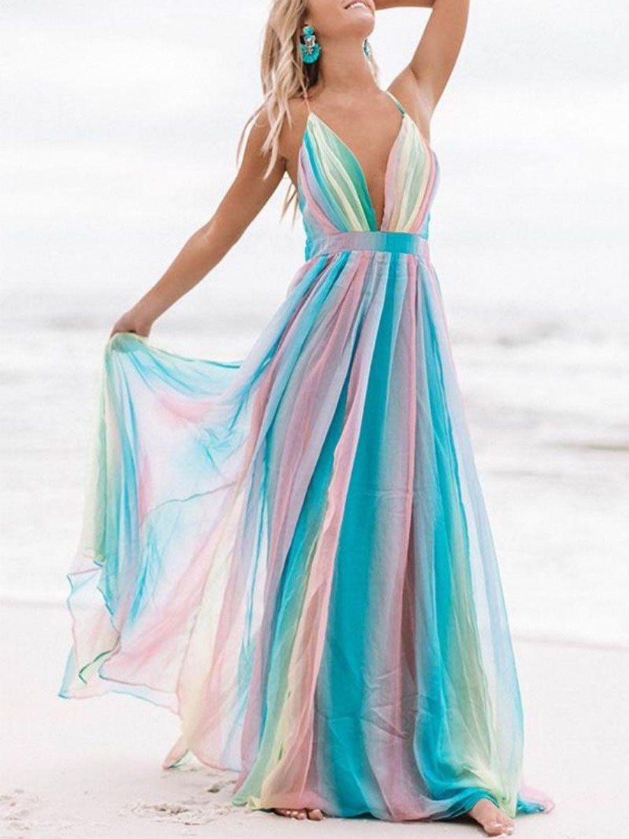 Pretty Colorful Chiffon Backless Maxi Dress P14136