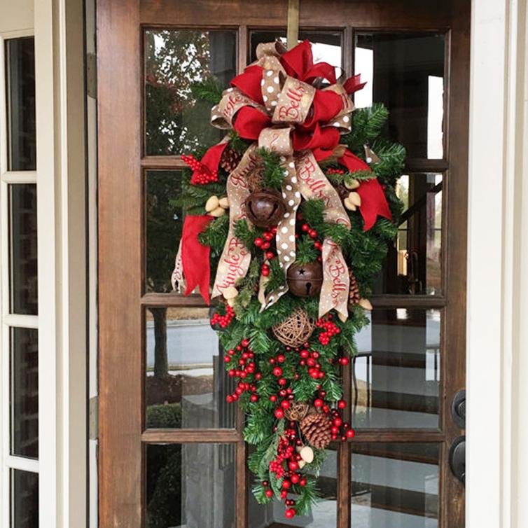 Red Berries Bell Teardrop Design Christmas Swag Wreath