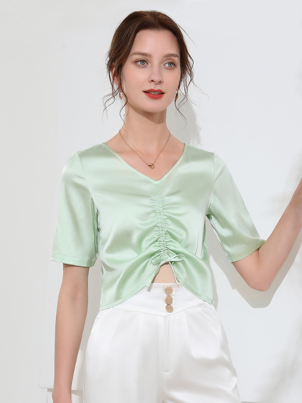 Light Green Gathered Design Silk T-shirt